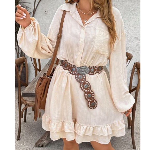 Plus Half Button Pocket Ruffle Hem Long Sleeve Dress - Picture 1 of 5